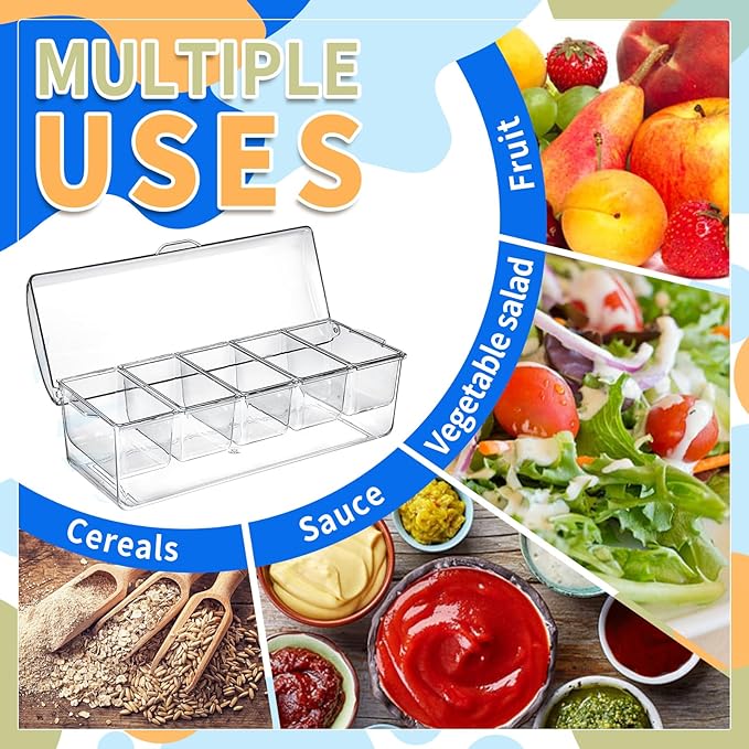 Large Ice Chilled Condiment Caddy，Chilled Condiment Containers Server with Lids for 5 Removable Compartments (2.5 cup)，Serving Platters, Fruit & Garnish Tray for Party Supplies & Bar Accessories