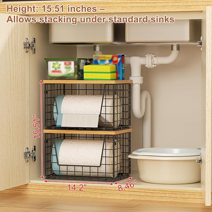 keomaisyto Stackable Wire Baskets, 2-Pack - Kitchen & Pantry Organizers for Potato, Onion Storage, Heavy-Duty Metal Storage Bins for Fruit, Vegetable, Snack, Can