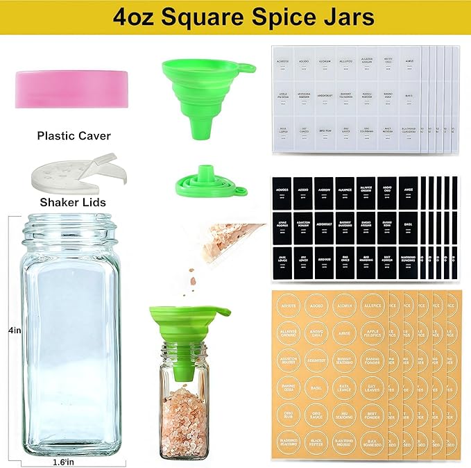 48 Glass storage jars，Glass Spice Jars with Label-4oz Spice Containers with Lids and Shaker Lids,3 Sets of Spice Labels 1 Collapsible Funnel 2 Erasable Markers for Spice Rack, (48)
