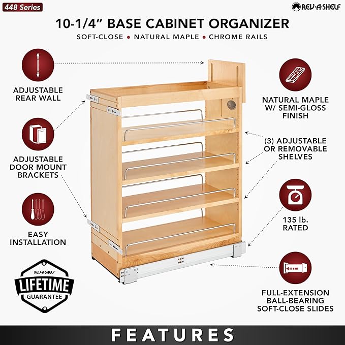 Rev-A-Shelf 10.25" Pullout Storage Organizer for Base Kitchen/Bathroom Cabinets w/Soft-Close Full Extension Slides & Adjustable Shelves, 448-BCSC-9C