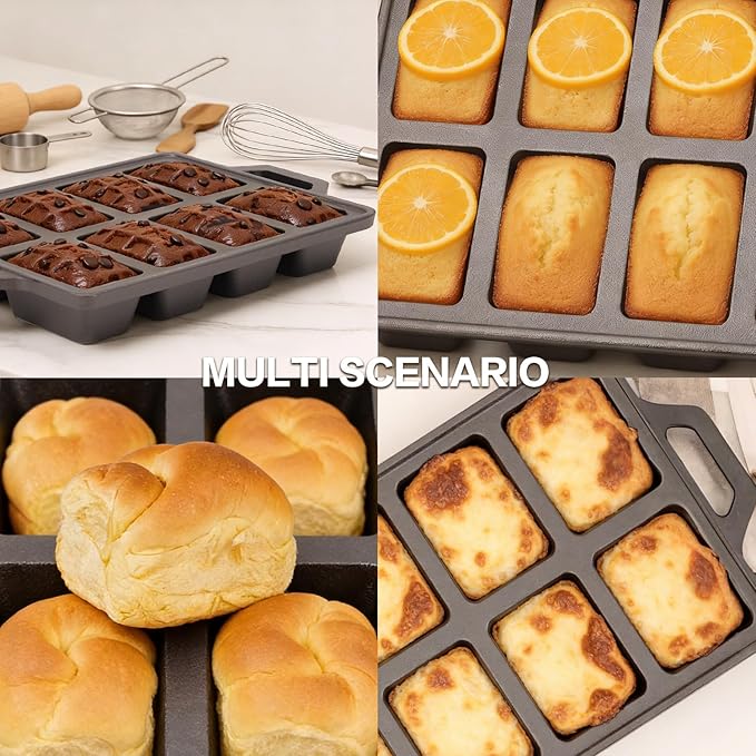 Flavehc 2pack Cast Iron Mini Loaf Pans 8-Cavity Bread Loaf Pans Pre-Seasoned Baking Pan Molds with Handle Bread Pans for Homemade Bread