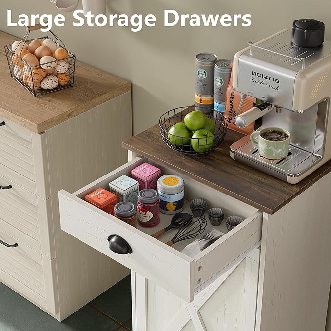 Furniouse Single Tilt Out Trash Can Cabinet with Drawer, 10 Gallon Wood Garbage Cabinet for Kitchen, Antique White