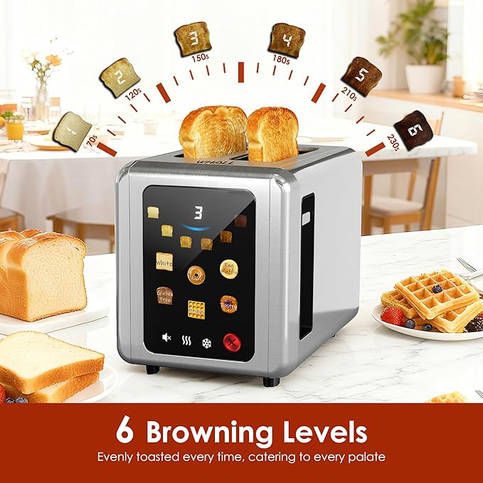 WHALL Touch Screen Toaster 2 Slice, 1.5'' Extra Wide Slot Smart Toaster with Digital Timer, 6 Bread Types & 6 Shade Settings, Crumb Tray, Reheat/Defrost, Stainless Steel Bread Toasters, Silver
