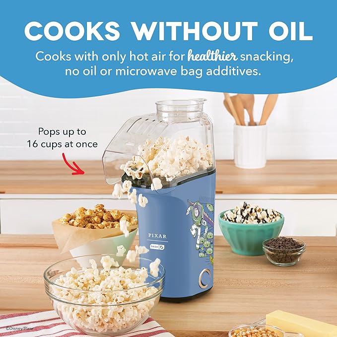 Disney Dash Fresh Pop Popcorn Maker - Oil-Free, Air Popcorn Popper - With Measuring Cup & Recipe Guide - Perfect for Movie Nights - 16 Cups, Toy Story