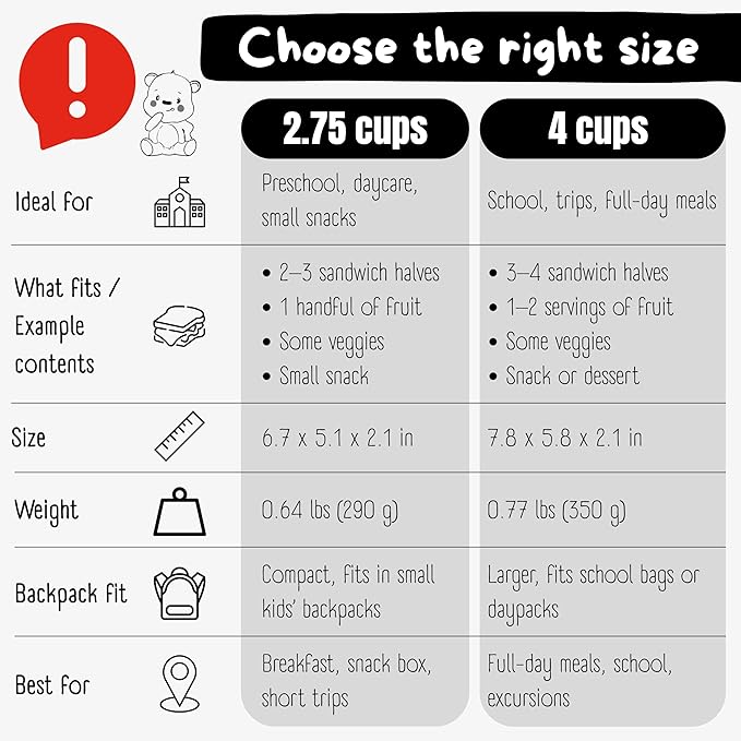 BEARFOOT Kids Lunch Box with Compartments – Compact & Lightweight | Leak-Proof, BPA-Free, Dishwasher & Microwave Safe | Hand-Drawn Design for Preschool, School, Travel (Black, 2.75 Cups)