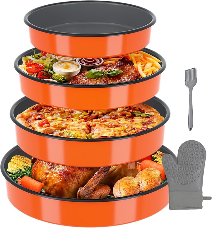 Round Enamel Roasting Pan Set Bakeware 4 Pack Cake Pizza Baking Dish 9/10/12/14 Inch Non-Stick Heat Resistance Chicken Roaster Oven Dishwasher Safe, Birthday Mother Day Gift Cookware