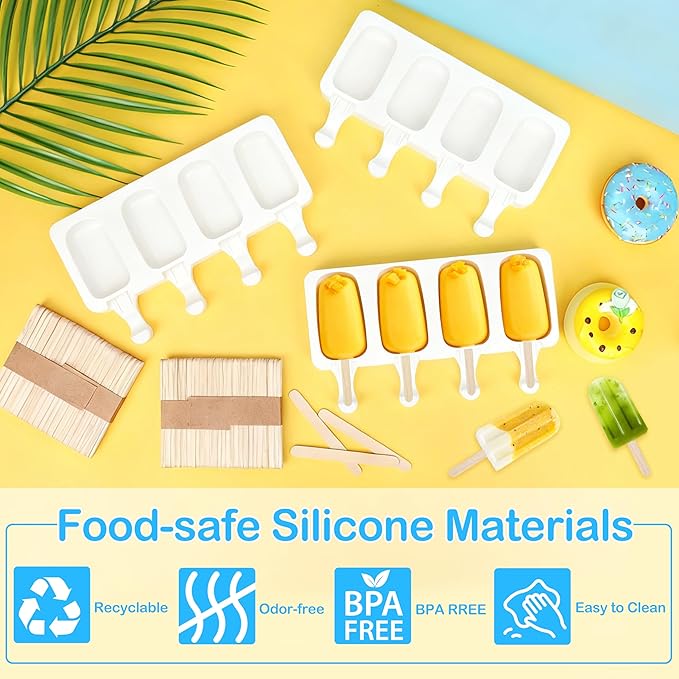 Mototo 12 Set Silicone Popsicle Molds White Ice Cream Mould 4 Cavity Ice Lolly Mold White Oval Cake Pop Mold with 300 Pieces Wooden Sticks for DIY Ice Cream Popsicle Cake
