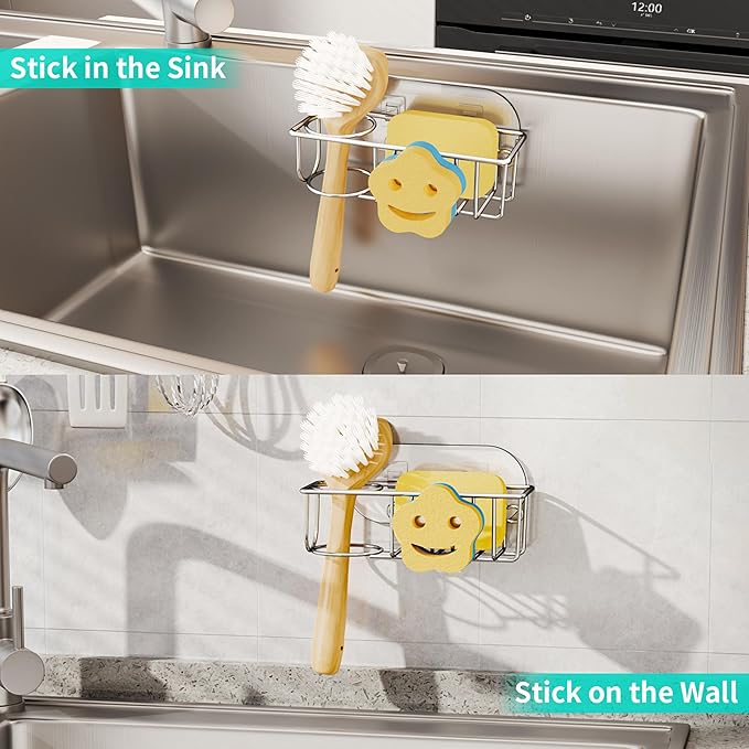 HapiRm Sink Caddy Sponge Holder - No Drill Kitchen Sink Organzier with Smiley Face Sponge Holder, Rustproof and Waterproof Kitchen Organizer - Silver