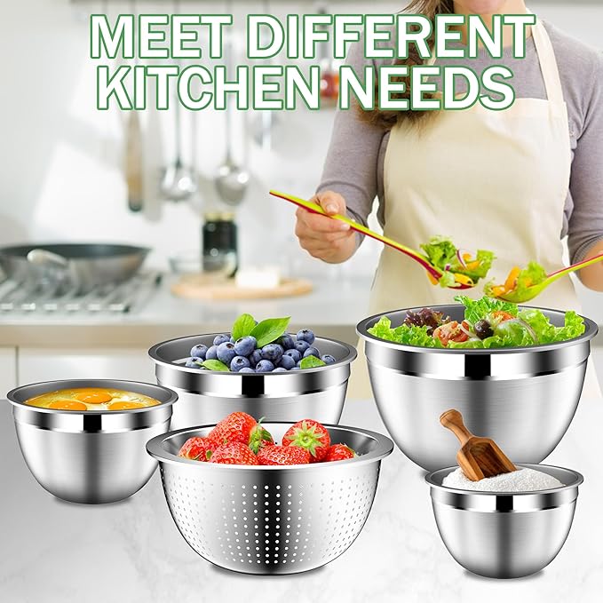 DUTZUN Mixing Bowls with Lids Set, Stainless Steel Mixing Bowls with Colander, Strainer with Mixing Bowl Set, Serving Bowl Kitchen Gift, Size 4.5, 2.5, 2, 1.5QT - Black