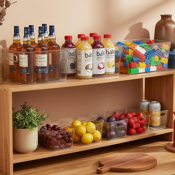 Clear Pantry Organizer Bins, Storage Containers & Plastic Containers with Handle, Cabinet Organizer, Home Organization Must Haves for Kitchen, Laundry Room, Office, Closet & Freezer (6 Pack)