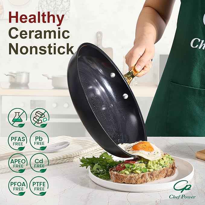 Chef Power Ceramic Cookware Sets, 15Pcs Pots and Pans Set Non Stick, Cookware Set with Stainless Steel Handle, Dishwasher & Oven Safe, Stone Black and Light Gold Handle
