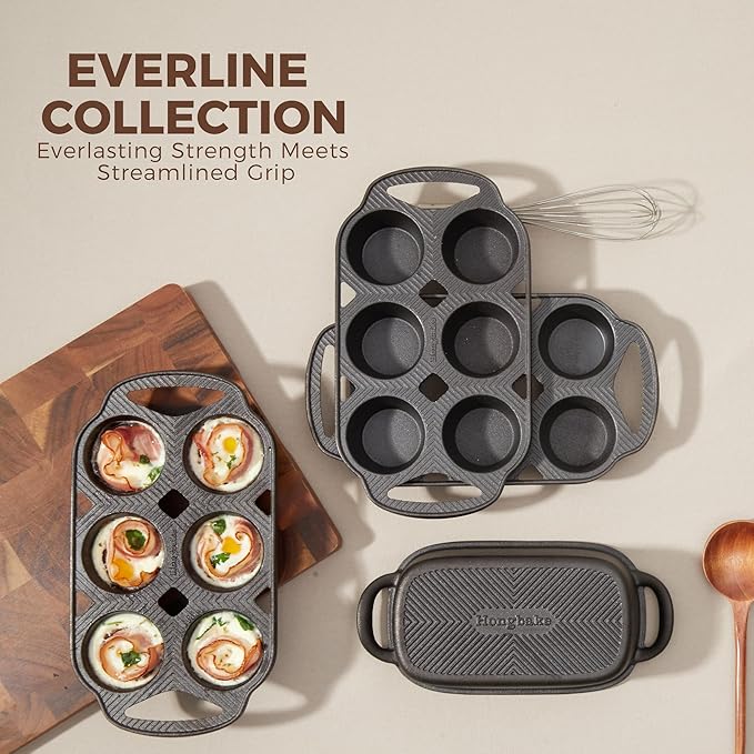 HONGBAKE Everline Collection Cast Iron Muffin Pans, Non toxic Uncoated 6-Cup Muffin Tins, Non-Stick Pre-Seasoned Cupcake Tray Pan Set for Baking, Oven & Stovetop Safe, Standard Size, 2 Pack