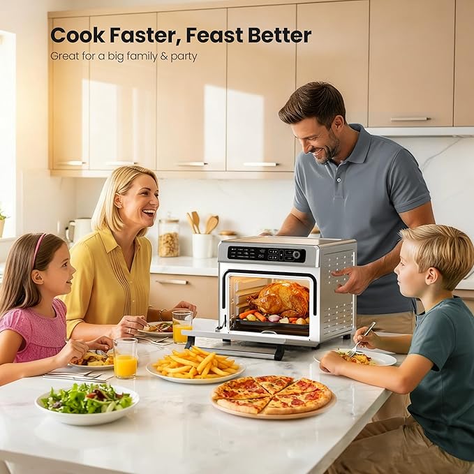 Kismile 25QT Air Fryer Toaster Oven Combo, 12-in-1 Countertop Convection Airfryer Oven, Adjustable 70–450℉ Temperature, Bake, Reheat & Broil, Fits 12″ Pizza, Complete Accessories Included, Silver