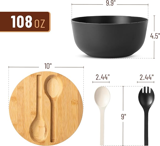 BAMBOO LAND- Large Salad Bowl with Wooden Lid, 10 Inch/108 Oz, Black, Bamboo Fiber Salad Bowl with Serving Utensils, Wide Applications