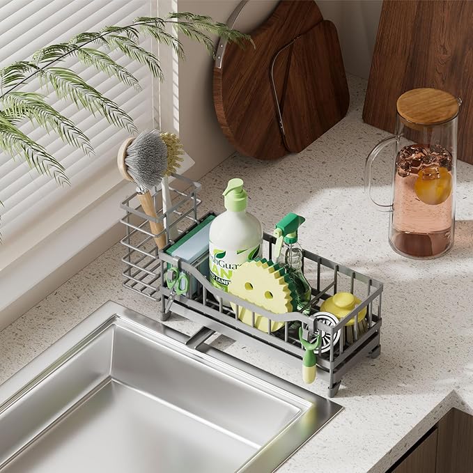 Sponge Holder for Kitchen Sink, Kitchen Sink Caddy with Long-Handled Dish Brushes Holder, 304 Rustproof Stainless Steel Countertop Organizers and Storage, Home Kitchen Sink Accessories (Grey)