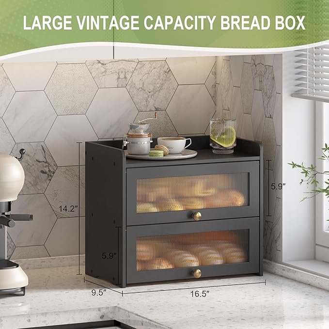 JANSNIMEN Large Bread Box for Kitchen Countertop Wooden Double Layer Breadbox Organizer with Window Vintage Farmhouse Bread Storage Container for Homemade Bread (Black)