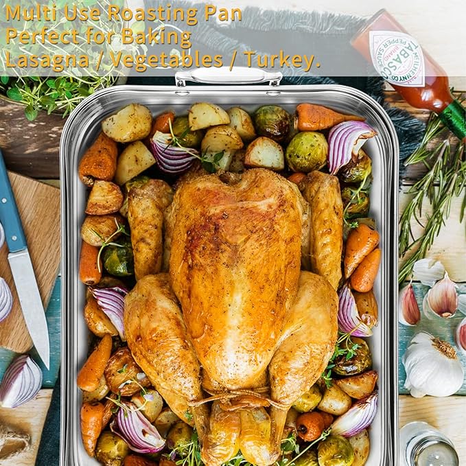 JY COOKMENT Roasting Pan with Baking Rack, 16.5 Inch Stainless Steel Turkey Roaster with Rack, Baster. Great for Turkey, Chicken, Ham, Vegetables