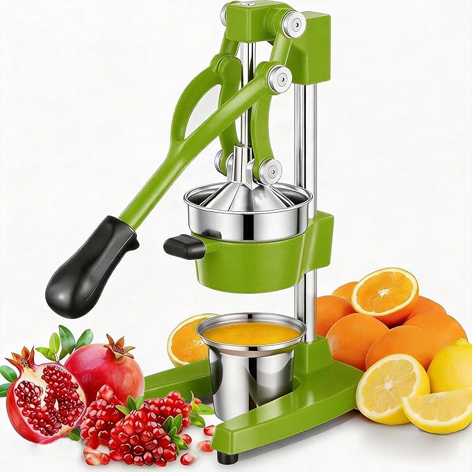 Commercial Heavy Duty Cast Iron Hand Press Manual Orange Citrus Lemon Lime Grapefruit Pomegranate Fruit Juice Squeezer Machine with Stainless Steel Cup Green