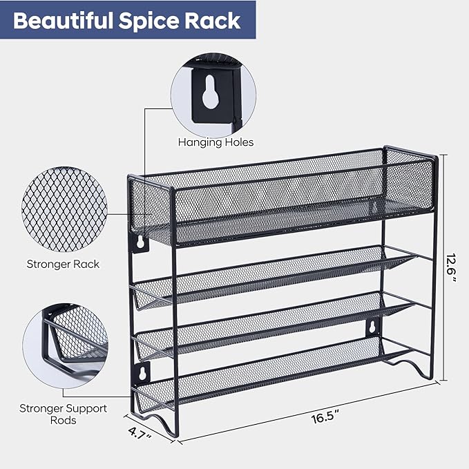 Spice Rack Organizer with 27 Spice Jars with Black Lids, Funnel, Spice Labels, Pen, Seasoning Organizer for Cabinet, Countertop, Pantry, Kitchen,Cupboard or Door & Wall Mount