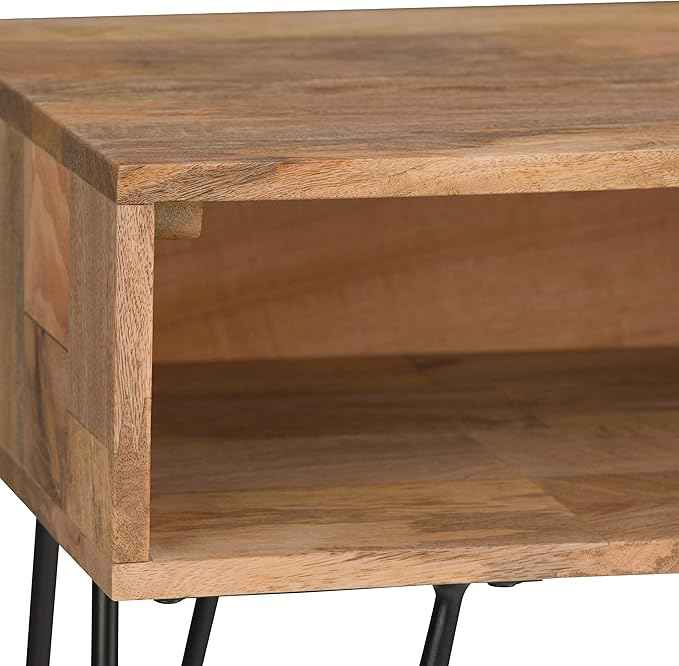 SIMPLIHOME Hunter Console Table - 55 Inch Wide Solid Mango Wood and Metal Sofa Table in Natural, Industrial Storage Table for Entryway or Living Room with 2 Open Cubbies and Black Hairpin Legs