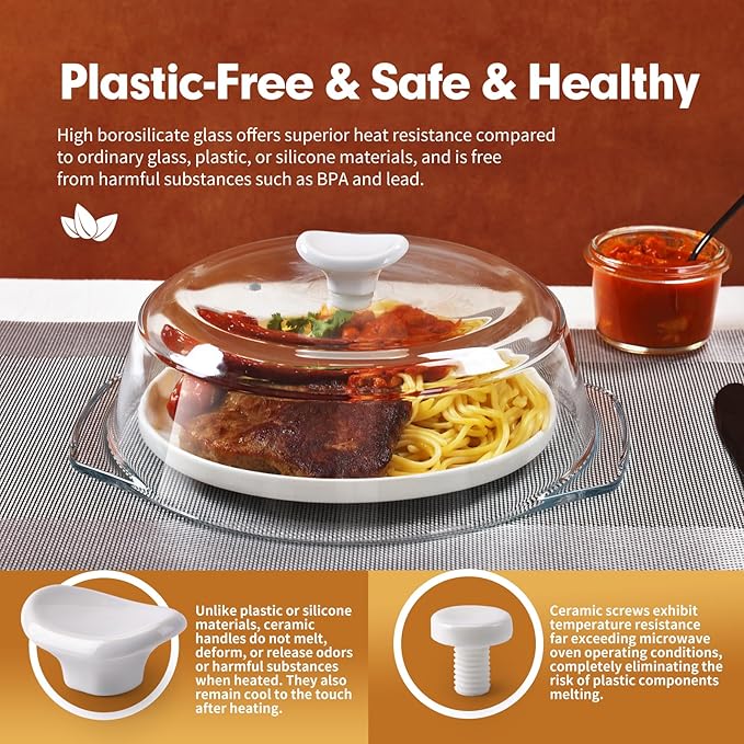 Plastic-free, ACEPRUT New Upgrade Glass Microwave Splatter Cover for Food with Ceramic Handle & Screw, 100% Food Grade, BPA Free, Dishwasher Safe