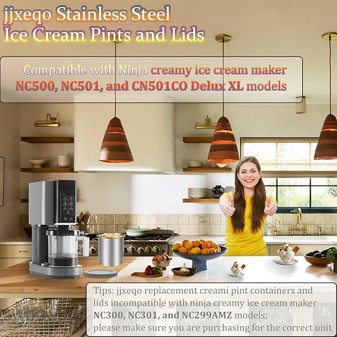 Stainless Steel Fit for ninja Creami Deluxe Containers– 4 Pack, Compatible with Ninja Creami CN501CO,NC501, NC500 Delux XL Series, Silicone Lids, BPA-Free, Dishwasher Safe, 5 Years Warranty