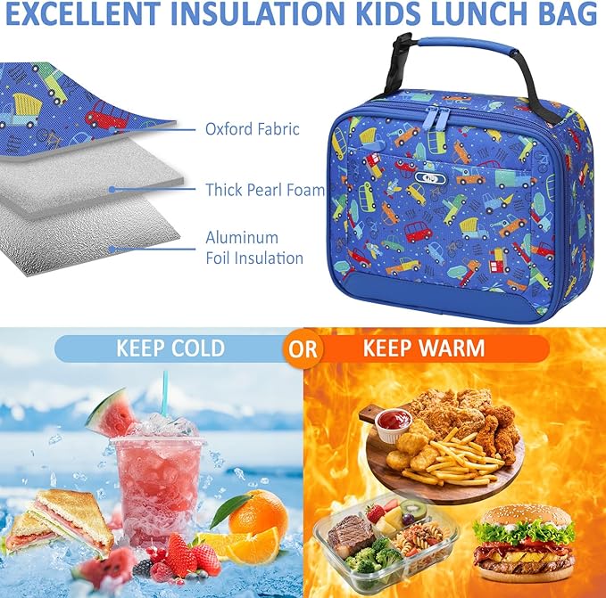Lunch Box Kids Insulated Lunch Bag for Boys Girls Cute Reusable Lunch Tote Bag Waterproof Portable Thermal Lunch Box Kids for School Picnic Travel Blue Car