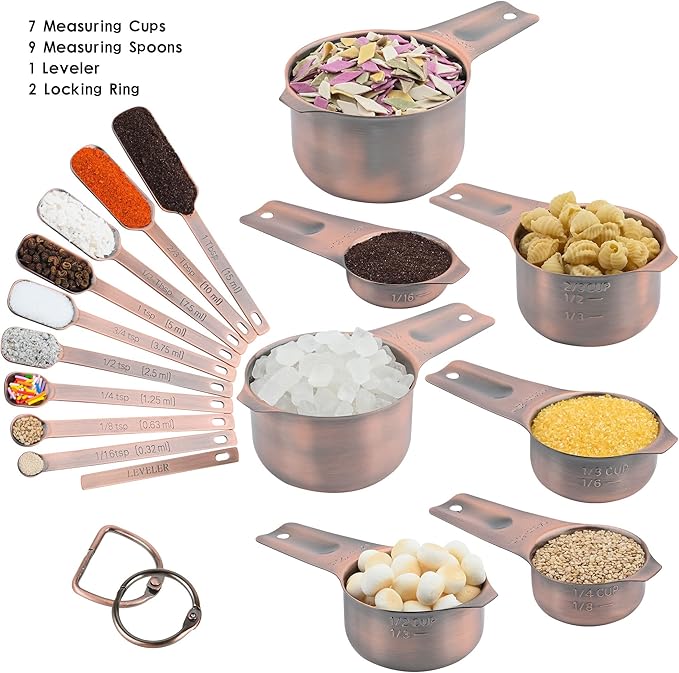 Measuring Cups and Spoons Set, Copper Plated Measuring Cups Spoons, Stainless Steel 7 Measuring cups and 9 Measuring Spoons 1 Leveler for Baking and Kitchen