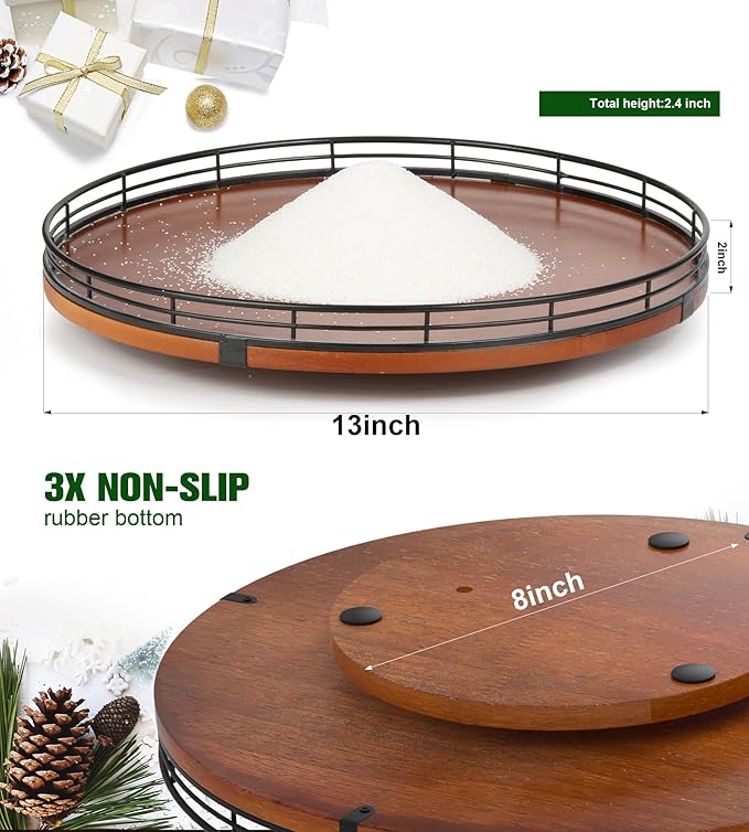 AMH 12 PCS Christmas Table Decorations Set with Oak Rotating Base – Xmas Town Village Centerpiece with Santa, Train, House, Trees & Figurines, Tabletop Decorations for Holiday Dining & Coffee Tables