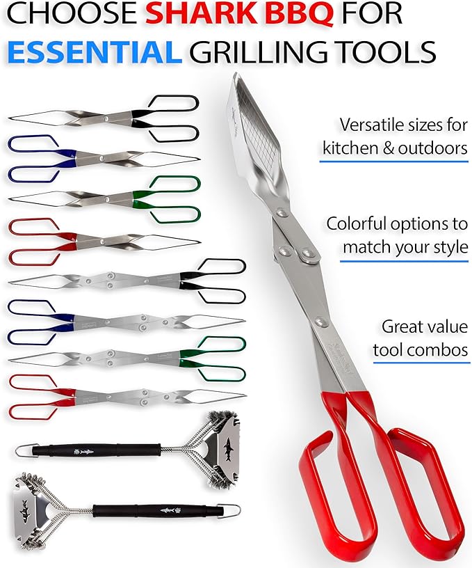 Shark BBQ Grill Tongs for Steaks - 2-Pack Gift Set - 17" & 13" Professional Kitchen and Outdoor Grilling Utensil Set (Red)