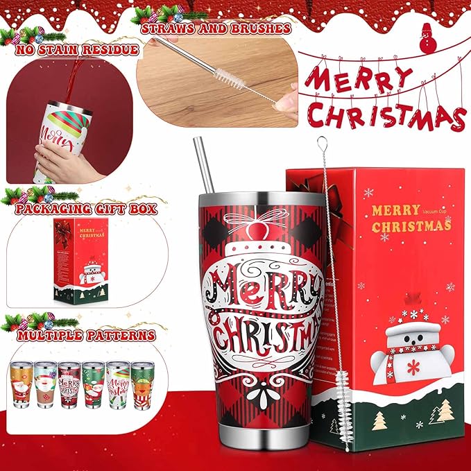Mifoci 6 Pcs Christmas Tumblers 30oz Stainless Steel Christmas Travel Coffee Cup Double Insulated Vacuum Tumbler with Lid Straw Santa Claus Holiday Mug Gifts for Coworker Team Teacher(Classic)