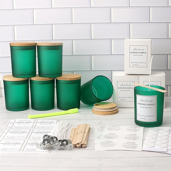 MILIVIXAY 12 Pack 7 OZ Matt Green Glass Candle Jars with Lids and Candle Making Kits - Bulk Empty Candle Jars for Making Candles - Spice, Powder Containers.