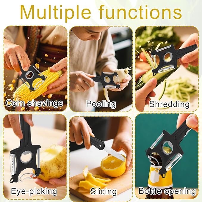 2pcs 6-in-1 Corn Stripper, Multi-Function Shucker Vegetable Fruit Peeler Potato Grater Cutter All-in-One Kitchen Grater Tool for Home Restaurant & Outdoor Use Sheller (Black)