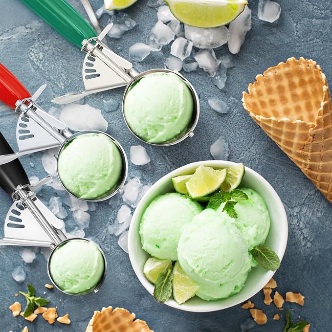 Reallnaive 3 Pcs Release Cookie Scoops Ice Cream Scooper with Trigger Release Portion Scoop Stainless Steel for Portion Control, Baking Food, Cookie Dough (2.65 Oz+1.33 Oz+ 0.75 oz,Green,Red,Black)