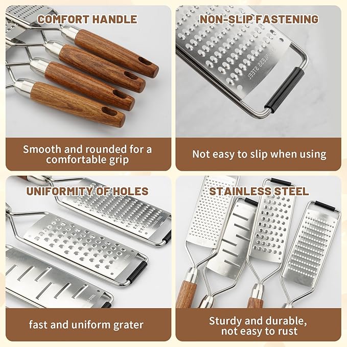 SHIKORI Stainless Steel Cheese Grater with Natural Wood Handle for Parmesan Cheese Lemon, Ginger, Cheese, Nutmeg, Potato, Chocolate and Garlic, With Protective Cover-Round Hole