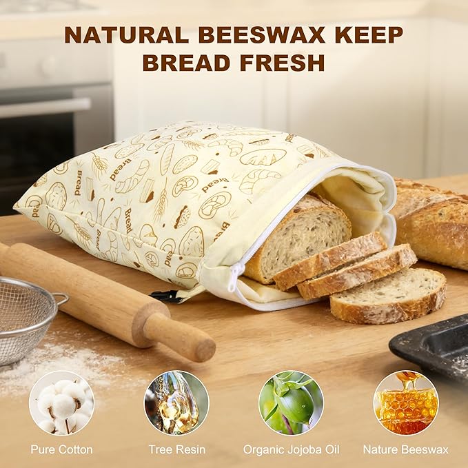 BuyCard Reusable Beeswax Bread Bags, 2-Pack Zipper Closure Cotton Bread Storage Bags for Homemade Loaf Freshness, for Baking Enthusiasts, Natural Cream with Gold Bread Pattern