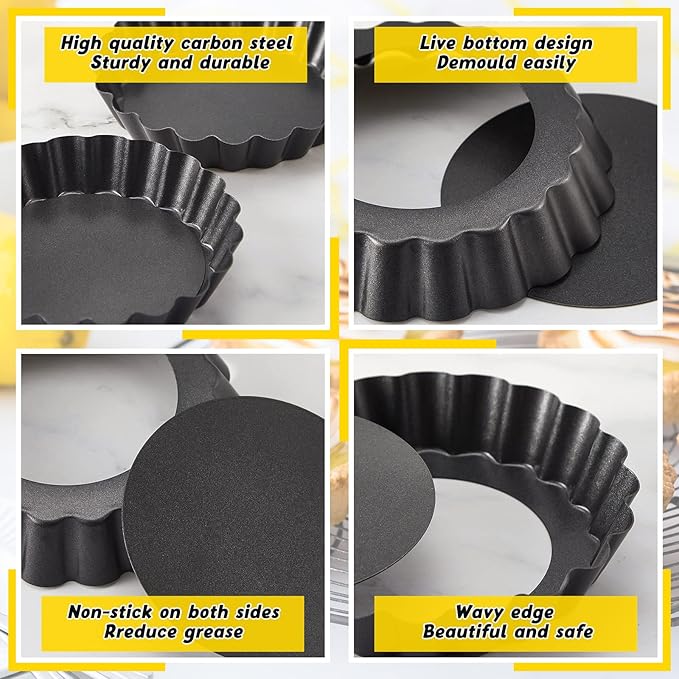 Tessco 16 Pieces Mini Tart Pans with Removable Bottom Nonstick Quiche Mini Pie Tart Pans Bakeware Mold Fluted Side for Pies(Black Gray Round,4 Inch)