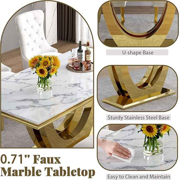 Marble Dining Table Set for 6,70" Black Faux Marble Kitchen Tables and Velvet Chairs for 6,7 Piece Luxury Dining Room Table Set and 6 Upholstered Chairs with Gold Stainless Steel Bases