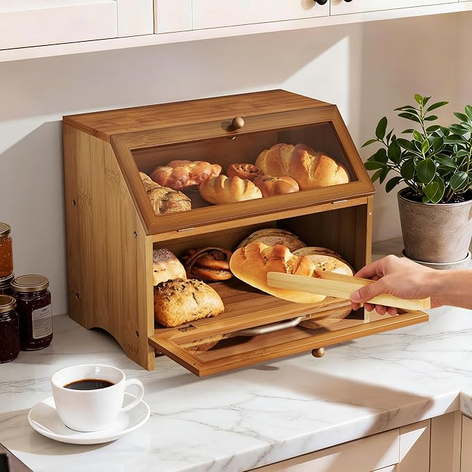 MAISONPEX Double Layer Bamboo Bread Box for Kitchen Countertop, Large Capacity, Cutting Board, Stainless Steel Bread Knife, Double Layer Storage Container with Clear Windows, Walnut