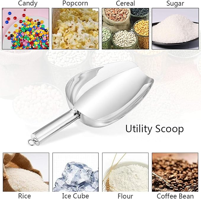 P&P CHEF Canister Scoop Set of 3, Ice Candy Scoop, Stainless Steel Multipurpose Food Scooper for Buffet Jar Freezer, Mirror Finish & Dishwasher Safe, Silver, 5+8+12 Oz
