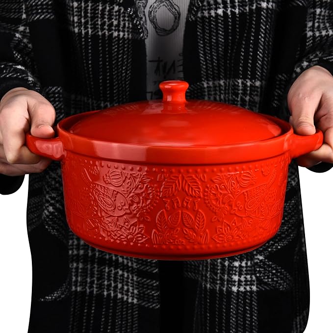 Ceramic Casserole Dish - Baking Dish Bowl Oven Safe With Lid and Handles - Covered Glass Cookware Essential for Kitchen - For Baking Dessert and Brownies, Soup - Round Bakeware for Serving Dishes