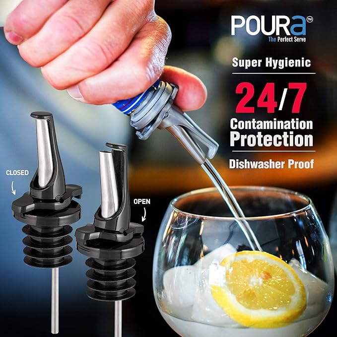 Poura 8 Liquor Pour Spouts (Black) with Built-in Caps for Optimal Fly & Dust Protection - Dishwasher Safe, Hygienic Spouts - with Adapters for Large Neck Bottles