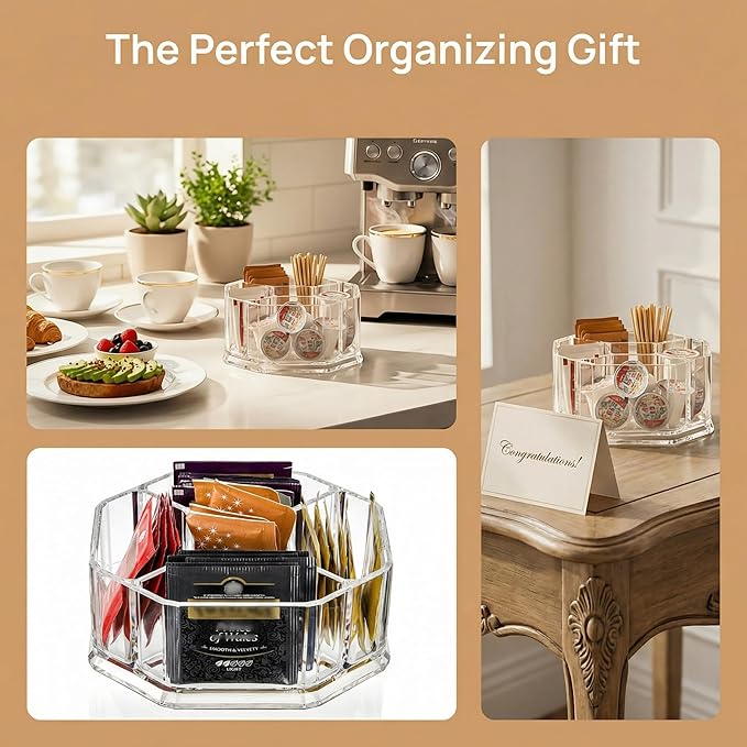 Hiceeden Acrylic Tea Bag Organizer, 5 Compartment Sugar Packets Holder Divided Coffee Condiment Storage Caddy Box for Kitchen Cabinet, Countertop, Tabletop