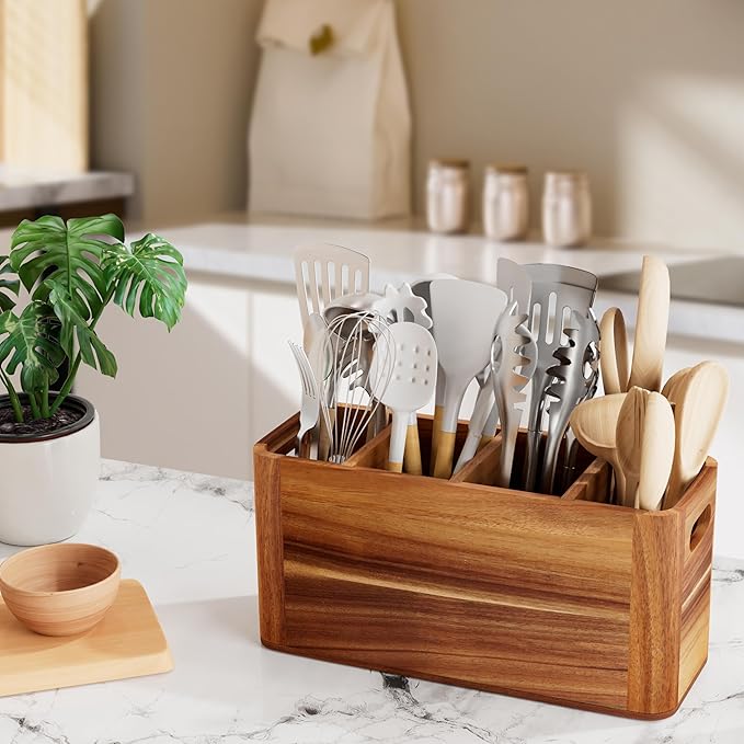 Utensil Holder for Kitchen Counter, Extra Large Utensil Holder for Countertop with 4 Compartments Wooden Cooking Utensil Organizer for Spatula Kitchen Storage, Acacia Wood