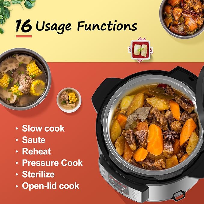 16-in-1 Electric Pressure Cooker, Slow Cook, Rice Maker, Steamer, Yogurt, Warmer & Sterilizer, Programmable with Automatic Keep Warm, 6-Quart Stainless Steel