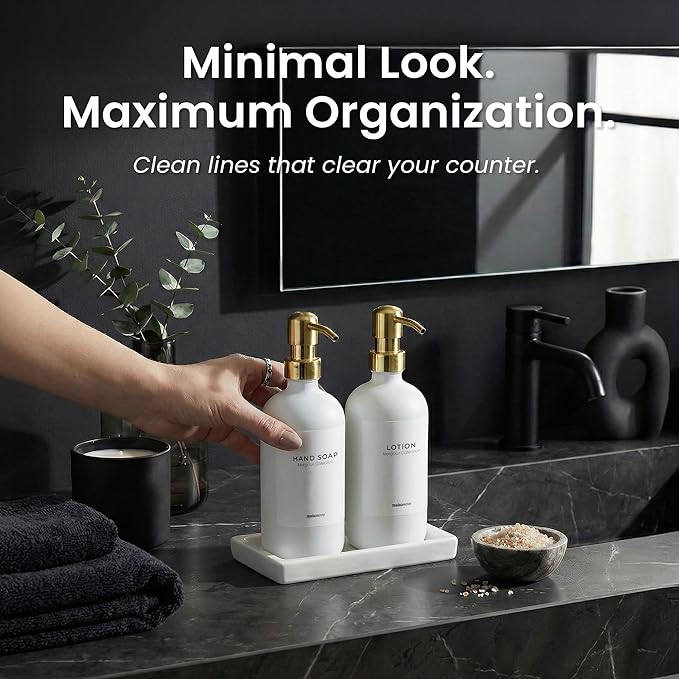 MaisoNovo Soap and Lotion Dispenser Set - Bathroom Soap Dispenser Set with White Soap Dispenser, Gold Pumps & Ceramic Tray