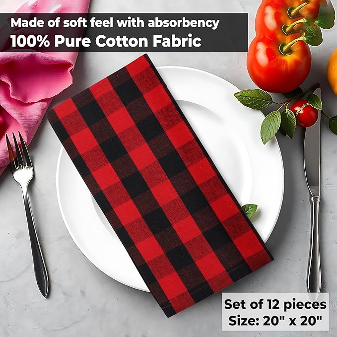 Urban Villa Cotton Dinner Napkins Set of 12, 20x20 Inche Soft Premium Cotton Napkins, Hotel Quality Highly Absorbent, Reusable & Washable Mitered Corner Table DinnerNapkins - (Red/Black, Checks)