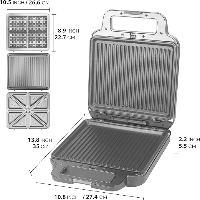 FineMade 3 in 1 Panini Grill Press with 3 Removable Plates, Breakfast Sandwich Maker, Electric Griddle Panini Press, Grilled Cheese Maker, Sandwichera Electrica, Belgian Waffle Maker