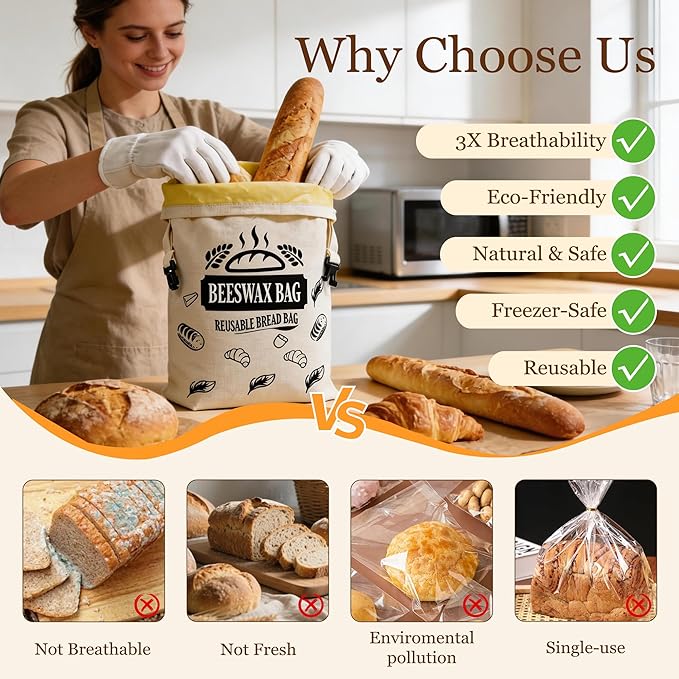 2 Pack Reusable Beeswax Bread Bags for Homemade Bread with Handle,17 X 13 Inch Large Cotton Sourdough Bread Storage for Fridge Freezer Counter,Keep Fresh Longer