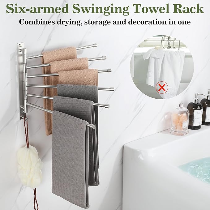 Alise Swivel Towel Rack, SUS304 Stainless Steel 6 Arms Towel Bar, Space Saving Swing Out Towel Bar with Hook, Towel Racks Wall Mounted for Bathroom, Brushed Nickel